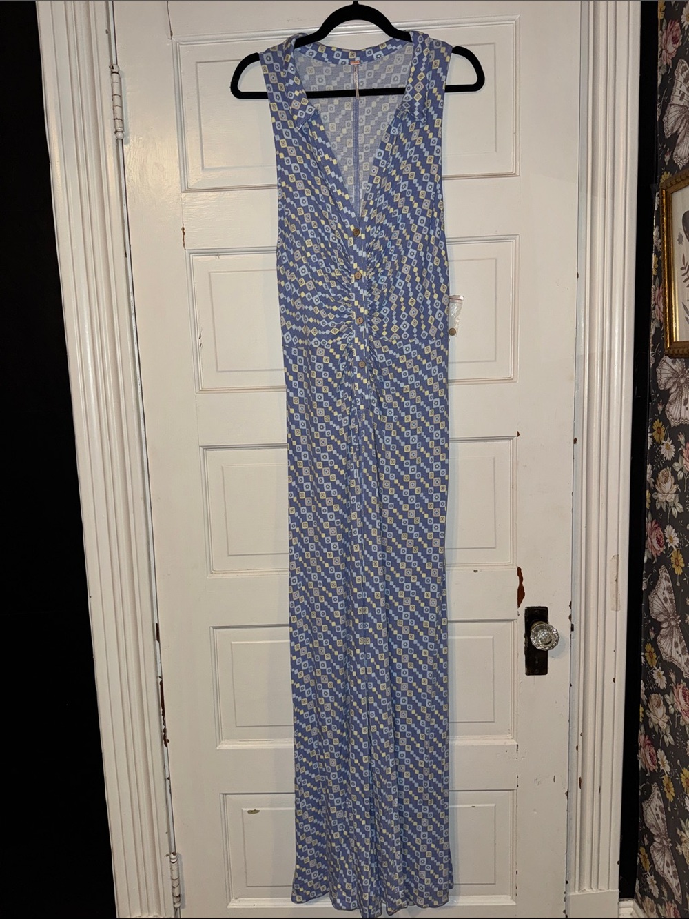 Free People Light Blue and White Sleeveless Twist-Front Jumpsuit